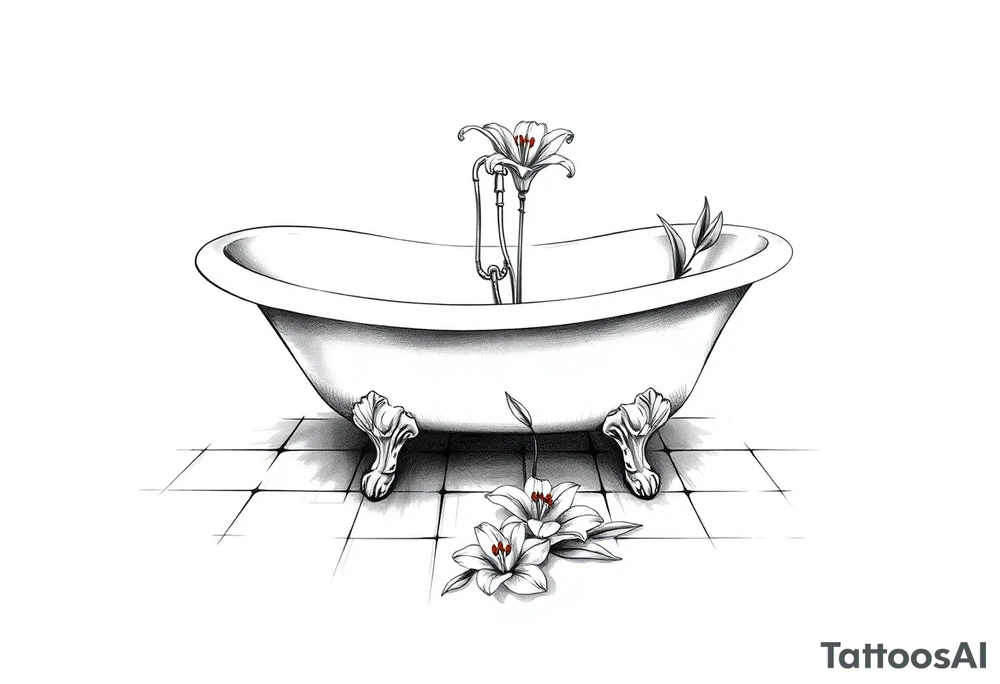Clawfoot bathtub with lily coming up from tile floor tattoo idea