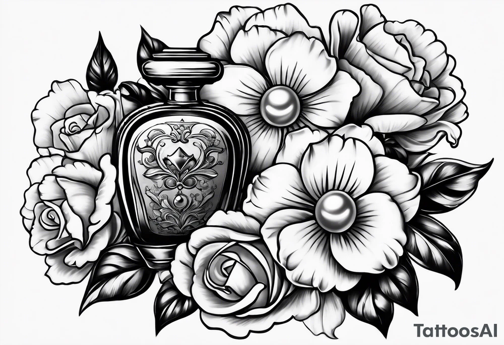 Pearl necklace wrapped around 1950s perfume bottle with flowers and bows surrounding tattoo idea