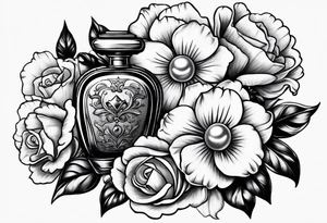 Pearl necklace wrapped around 1950s perfume bottle with flowers and bows surrounding tattoo idea