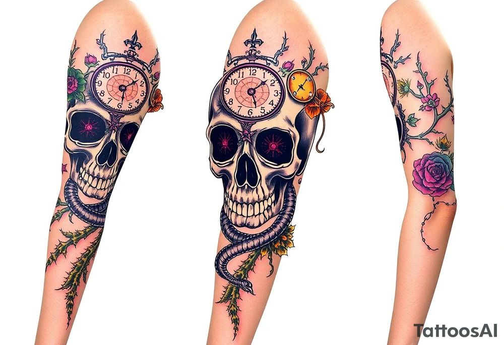 Skull with a snake through its eyes or mouth surrounds include a clock and prickly vines tattoo idea