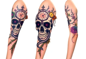 Skull with a snake through its eyes or mouth surrounds include a clock and prickly vines tattoo idea
