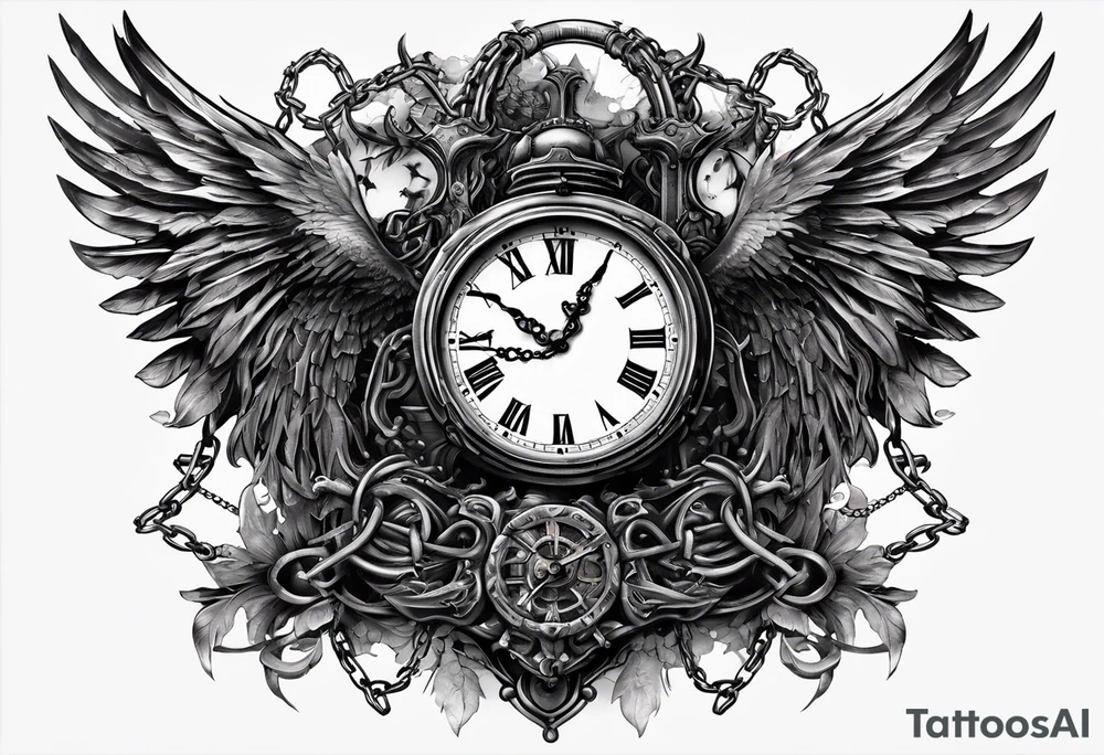 Hyper realistic clock that’s almost broken with Angel of death with chains tattoo idea