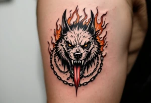 Hellhound with chains and fire – A snarling, three-headed dog surrounded by chains and licking flames, in black, burnt orange, and blood red. tattoo idea