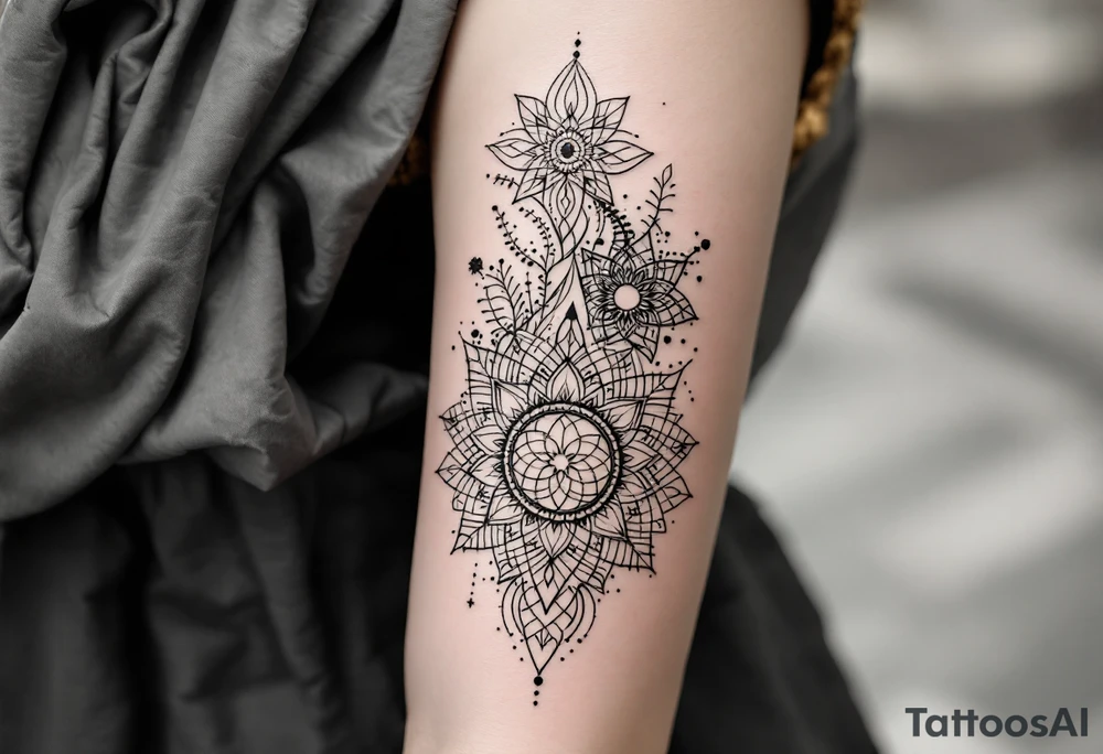fine-line tattoo, interconnected sacred geometry, multiple mandala fusion, flowing geometric vines, intertwining dotwork patterns, morphing sacred symbols, geometric transformation, overlapping mandala layers, flowing geometric streams, sacred geometry cascade, dotwork connections, radiating interconnected patterns, geometric web, mandala constellation, flowing sacred lines, intertwining geometric forms, dotwork bridges, connected sacred patterns, geometric flow transition, mandala network, artistic geometric fusion, delicate interconnections, black grey shading, no outlines, arm wrap design, organic geometric flow, artistic sacred weaving, geometric poetry, mandala storytelling, interconnected symmetry, flowing sacred architecture tattoo idea