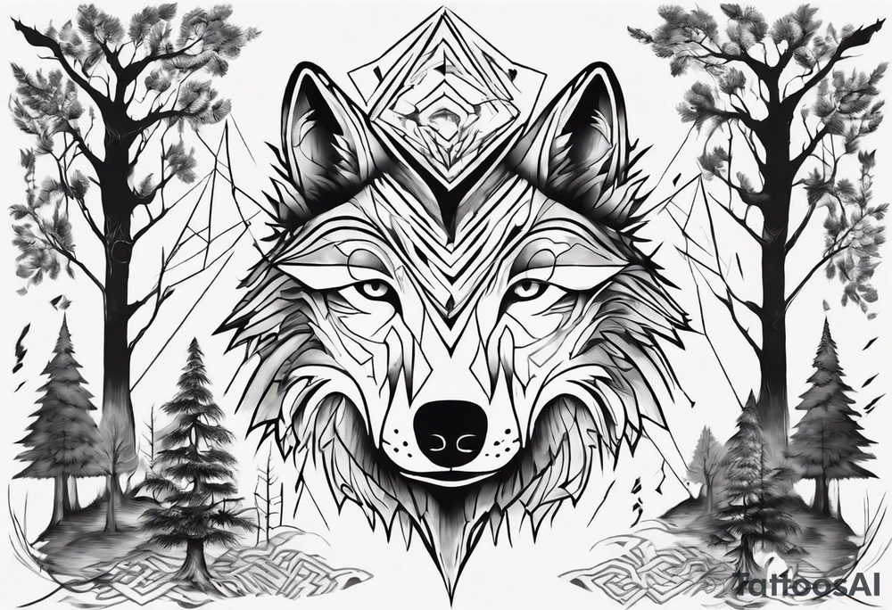 Wolf's face with geometric patterns flowing from it along with impressions of trees, a forest. It should be shaped to fit on a forearm (longer than it is wide) tattoo idea