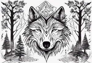 Wolf's face with geometric patterns flowing from it along with impressions of trees, a forest. It should be shaped to fit on a forearm (longer than it is wide) tattoo idea
