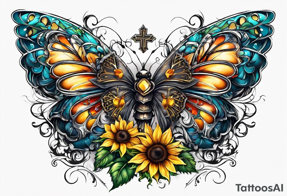 Winged cross with sunflower and butterflies tattoo idea