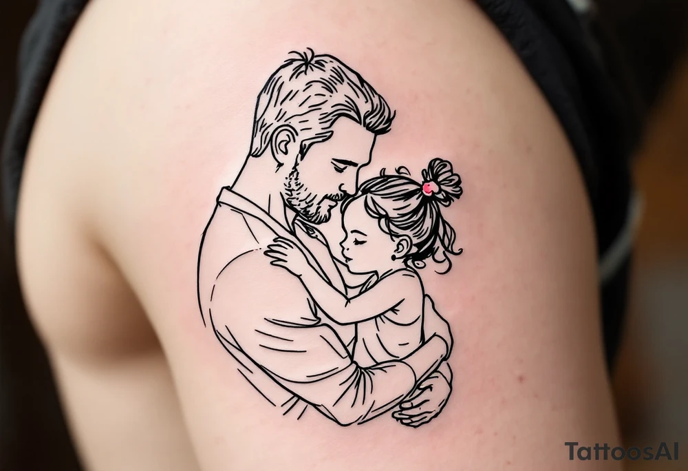 A fine-line tattoo of a father and little daughter embracing, filled with soft lavender and blush tones. tattoo idea