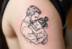 A fine-line tattoo of a father and little daughter embracing, filled with soft lavender and blush tones. tattoo idea