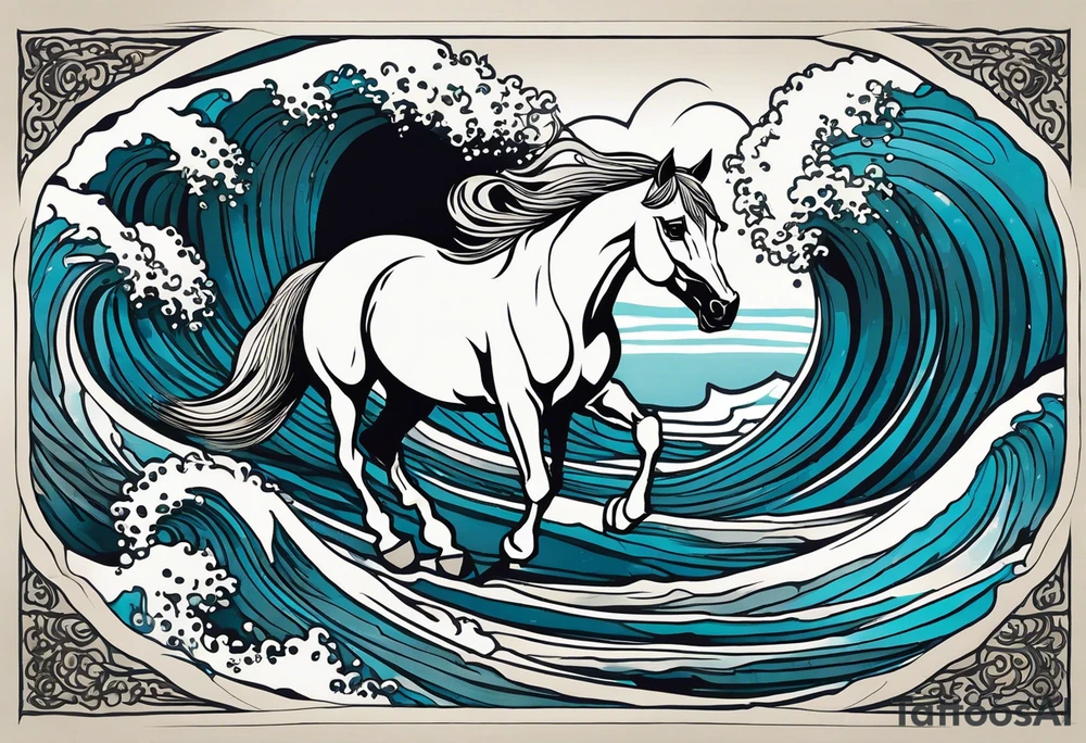 A horse rising from the waves of the sea. Framed in a driftwood and seaweed border. tattoo idea