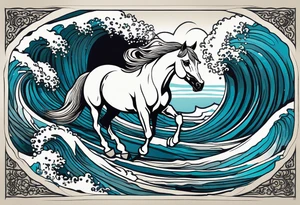 A horse rising from the waves of the sea. Framed in a driftwood and seaweed border. tattoo idea