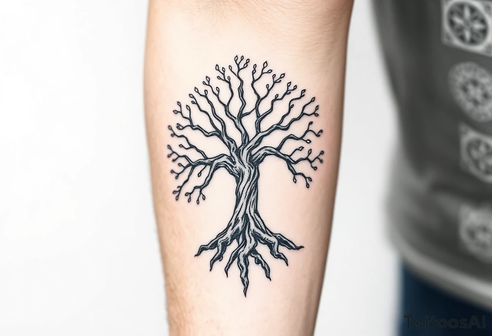 mystical tree of life with cosmic roots and celestial branches old Norse tattoo idea