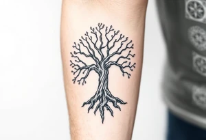 mystical tree of life with cosmic roots and celestial branches old Norse tattoo idea
