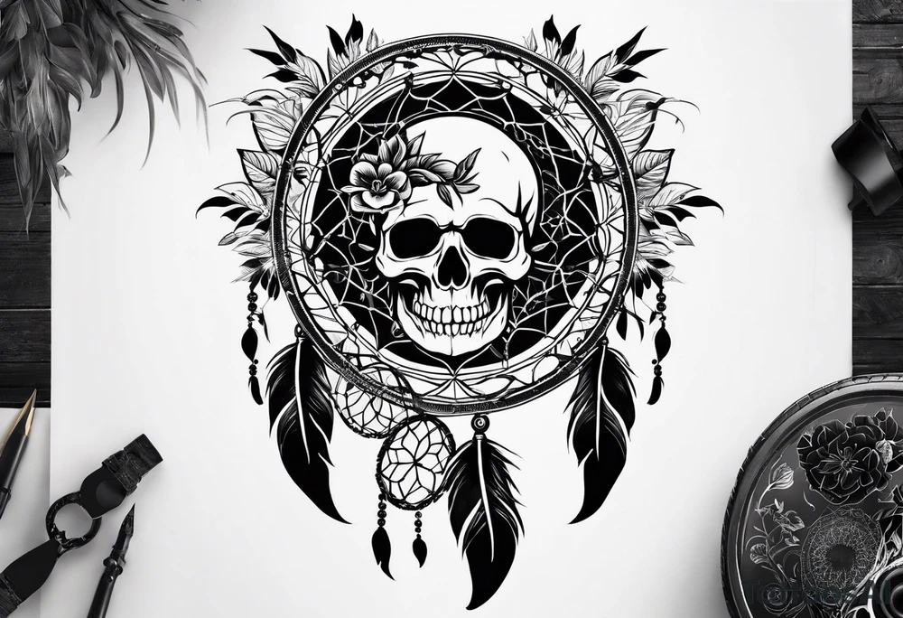 Dream catcher with multiple skulls with black flowers tattoo idea