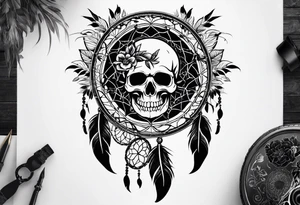 Dream catcher with multiple skulls with black flowers tattoo idea