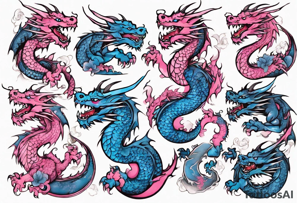 blue pink dragons tattoo idea