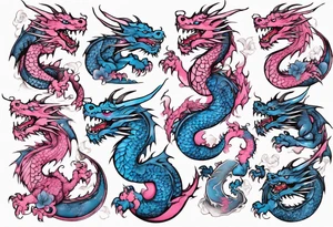 blue pink dragons tattoo idea