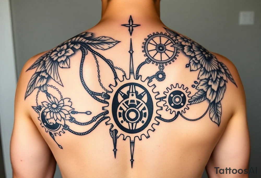 Can you help me design my next tattoo? I already have Polynesian-style tattoos covering left shoulder blade and second in the middle of back going along the spine up till my neck, and I’m looking for ideas to fill the white space between them. I haven’t been able to come up with anything that works. The white space starts from the neck, goes between the shoulderblades and goes all the way from the sides to top of my buttocks.

I’d like the new elements to be in a different style than Polynesian, but still visually cohesive so they complement the existing tattoos rather than clash with them. Maybe steampunk, pipes, cords, cogwheels and mechanical elements tattoo idea
