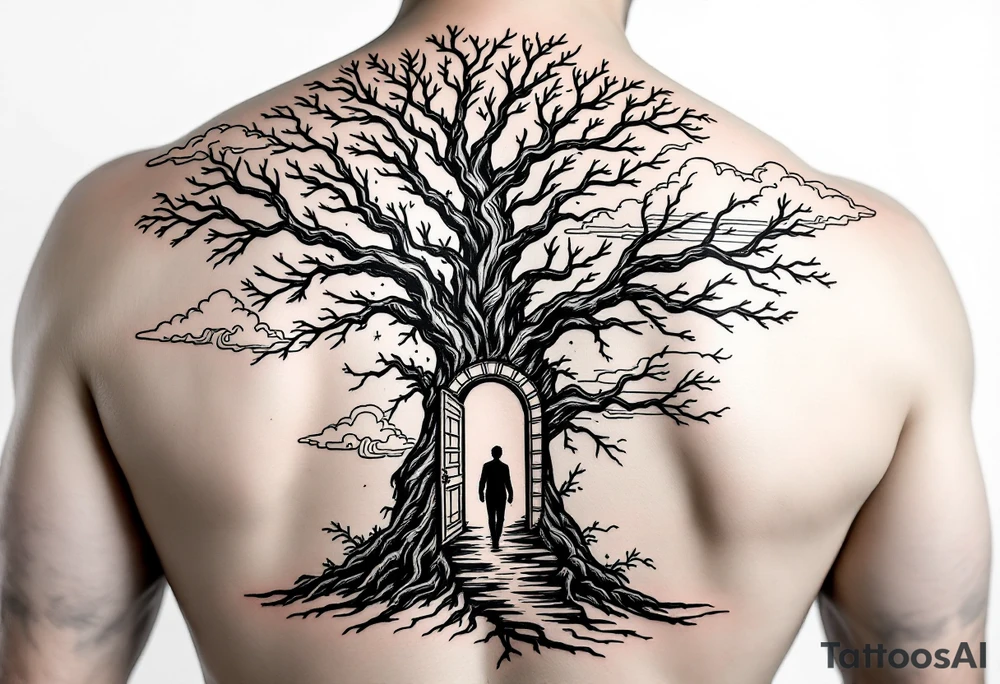 Back tattoo of a big tree with a door and a man walking through the door. On the right side of the tree draw some lines like a treasure map and water waves. On the left side draw some flame clouds tattoo idea