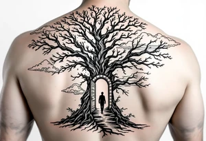 Back tattoo of a big tree with a door and a man walking through the door. On the right side of the tree draw some lines like a treasure map and water waves. On the left side draw some flame clouds tattoo idea