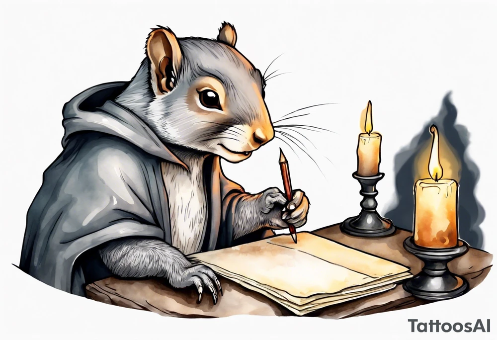 an elderly grey squirrel with a beard dressed in a grey cloak sitting in the dark writing a letter by candlelight tattoo idea