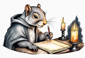 an elderly grey squirrel with a beard dressed in a grey cloak sitting in the dark writing a letter by candlelight tattoo idea