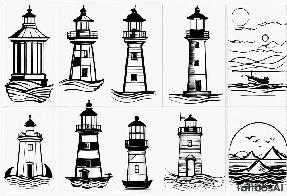 farol em mar agitado, linhas bem finas e geométricas e desenho com moldura redonda tattoo idea