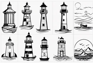 farol em mar agitado, linhas bem finas e geométricas e desenho com moldura redonda tattoo idea