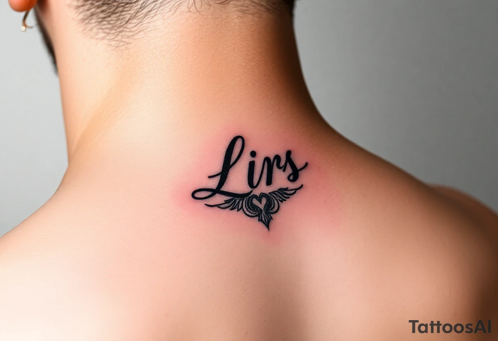Feminine lkiss mark tattooed on the neck with the initials lrs beside it tattoo idea