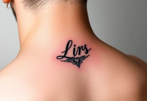 Feminine lkiss mark tattooed on the neck with the initials lrs beside it tattoo idea