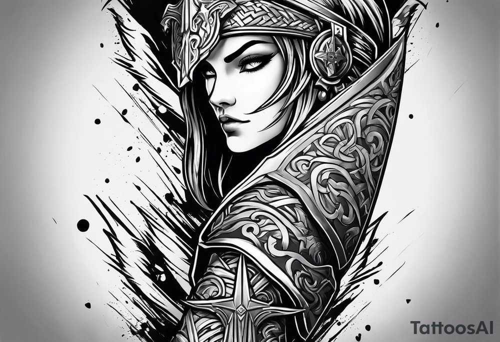 complete upper arm sleeve. Feature three mountain side by side, with 3 stars above them crossed sword patterns that evoke the Valkyrie spirit. Keep the design in clean, simple lines. tattoo idea