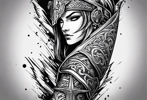 complete upper arm sleeve. Feature three mountain side by side, with 3 stars above them crossed sword patterns that evoke the Valkyrie spirit. Keep the design in clean, simple lines. tattoo idea