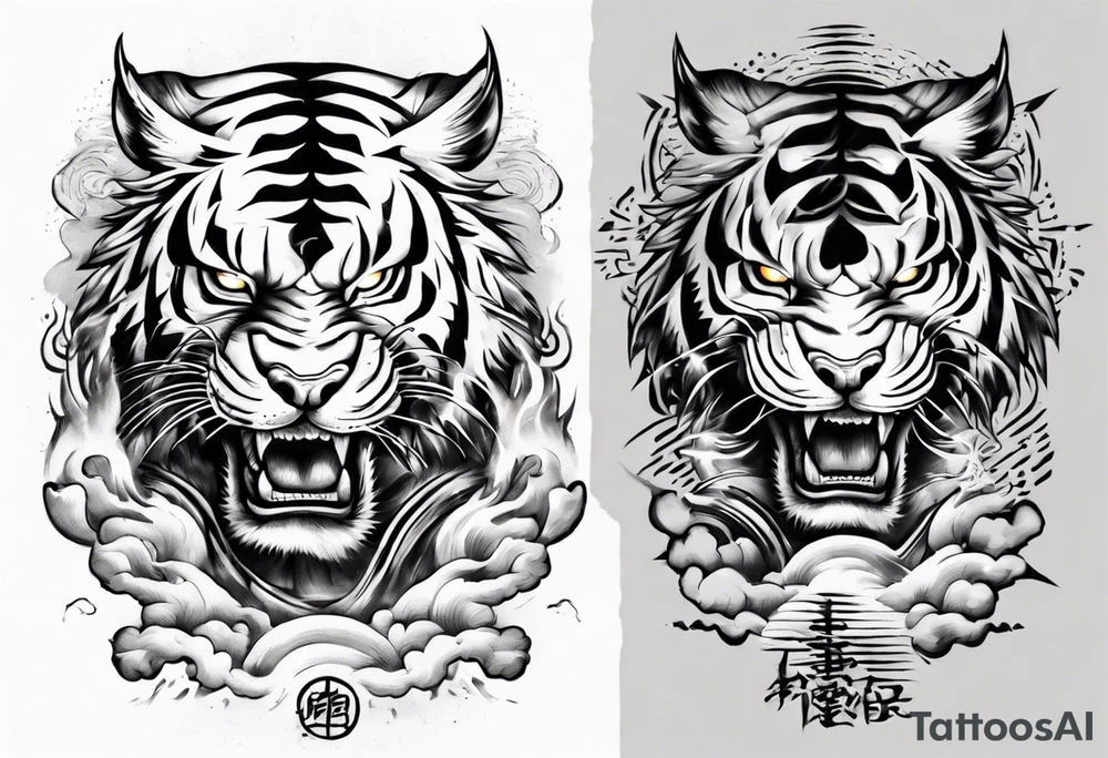 Tiger warrior with lightning and the sun for a forearm sleeve tattoo idea