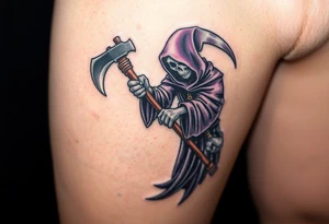 A grim reaper holding a battle axe, with shadows and dark tones of black, deep purple, and grey, representing death and darkness. tattoo idea