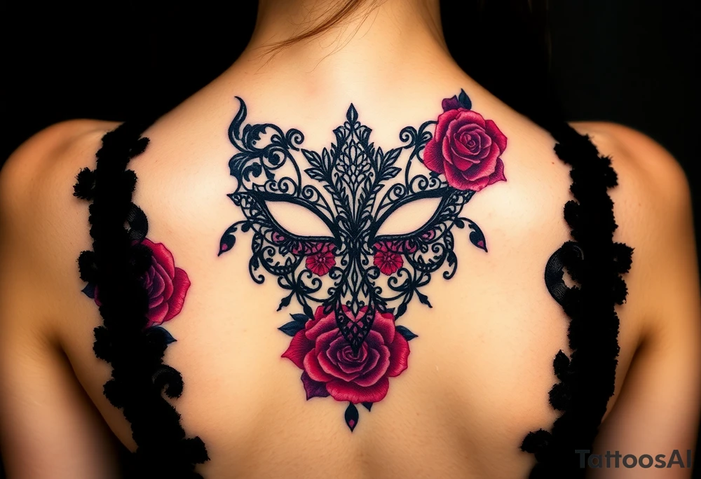 A gothic-style black lace mask, adorned with dark red roses and deep purple shading tattoo idea