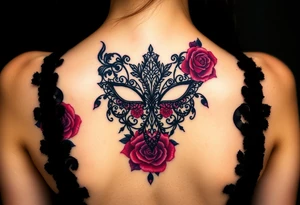 A gothic-style black lace mask, adorned with dark red roses and deep purple shading tattoo idea