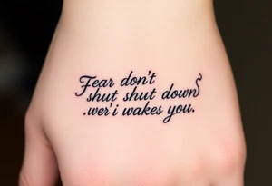 "Fear doesn’t shut you down, it wakes you up" engraved in an elegant script, surrounded by subtle abstract smoke tattoo idea