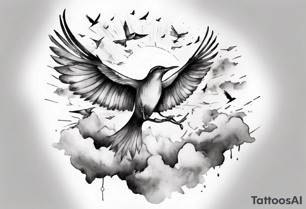 a shoulder tattoo with lots of rays of light in gradient starting from the middle
, clouds and birds flying free tattoo idea