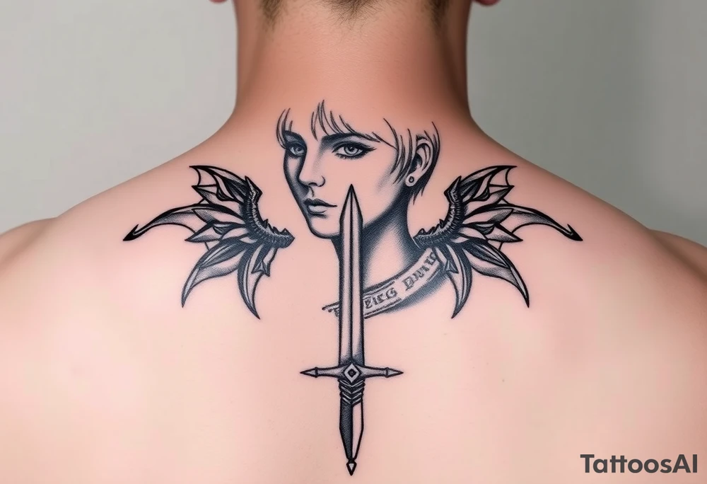 Joan of arc (with short hair and realistic) gothic style with a sword tattoo idea