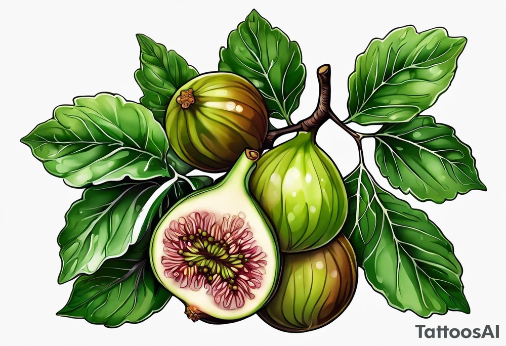 A fig branch with 3 greenish-brown fruits and multiple leaves tattoo idea