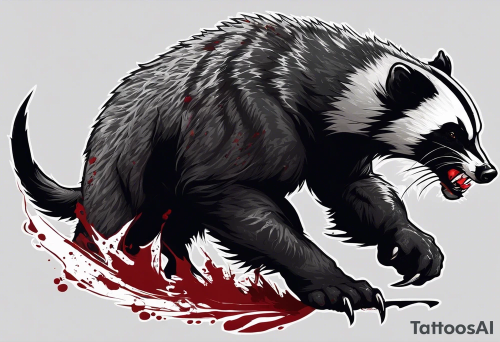 Draw me psychopath Honey Badger/Berserker with aggressive full body, killer face with a scary smile, very long nails and he attacks like a Bloody Assassin/Warrior/Gladiator to us and also, he has very deadly looking. He fights with his nails only. Everybody scares after their first sight. Give me horror type Badger Tattoo. I want to see his Realistic full body with no weapons. You can show destruction at the back. tattoo idea
