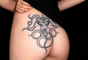 Medusa-inspired symbolism, feminine, dainty, large piece from hip to thigh (like a Tribal tattoo wrap it around the thigh of the leg tattoo idea