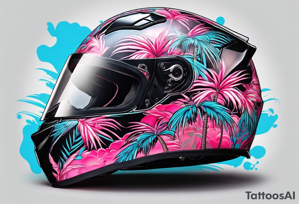 formula 1 helment with a palm tree and black light blue and pink colors tattoo idea