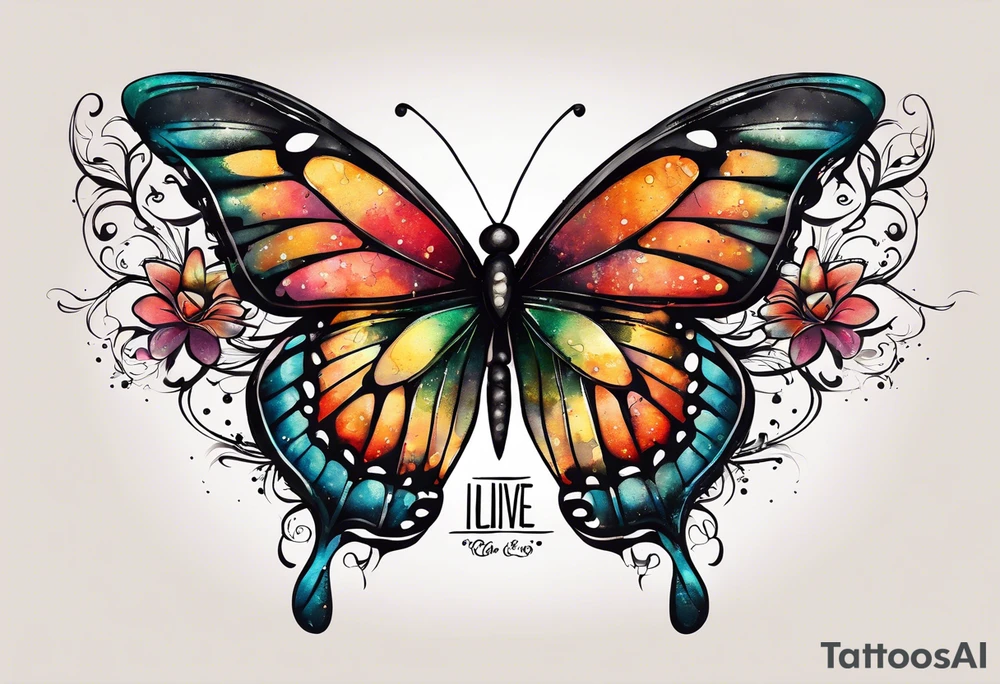 butterfly with one wing black scribbles, the other wing beautiful and colorful, the body has the date 1.9.2023 and the words written "I chose to live." tattoo idea