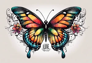 butterfly with one wing black scribbles, the other wing beautiful and colorful, the body has the date 1.9.2023 and the words written "I chose to live." tattoo idea