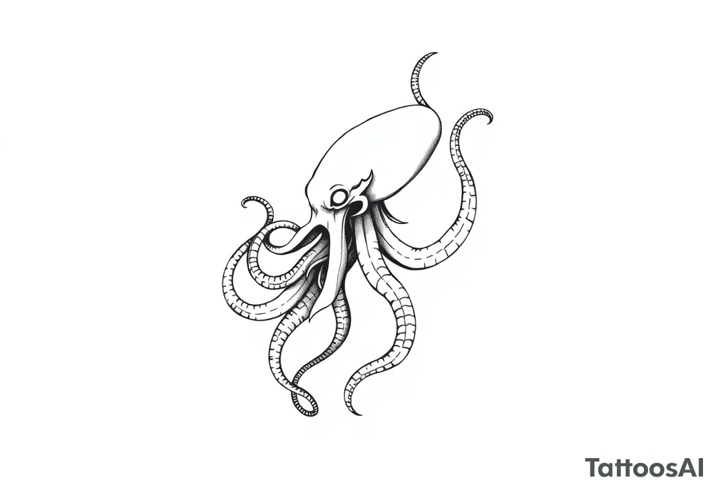 A minimalist blackwork tattoo design of a kraken The kraken is viewed from a 45-degree angle facing left, with its head centered. The tentacles extend only to the left and right, with none going downward beneath the head. The style is clean, fine-line detailing with bold outlines, avoiding heavy shading. The tentacles should be fluid, aggressive, and striking, enhancing the menacing and eerie look of the kraken while maintaining a cohesive design for a tattoo sleeve. tattoo idea