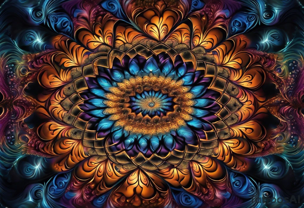 a mesmerizing tattoo featuring the Mandelbrot set. It's all about those intricate, self-similar patterns that repeat endlessly, no matter how much you zoom in. Imagine a delicate spiral of vibrant colors, swirling gracefully on the skin, like a window into the infinite depths of mathematics and artistry. Each curve and loop tells a story of complexity and beauty, inviting the viewer to get lost in its mesmerizing detail. It's not just a tattoo; it's a portal to a world of wonder and fascination tattoo idea