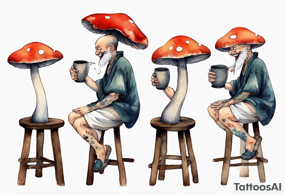 a mushroom wearing a tunic sitting on a stool drinking from a wood mug, laughing tattoo idea