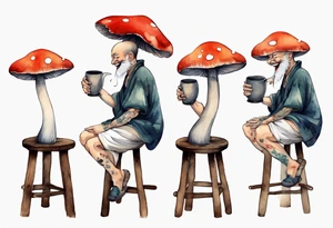 a mushroom wearing a tunic sitting on a stool drinking from a wood mug, laughing tattoo idea