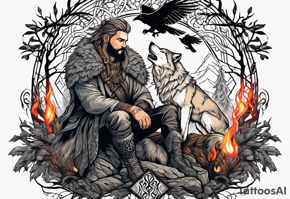 Germanic warrior
 sitting in front of a fire with the tree of life behind him and a wolf and a raven tattoo idea